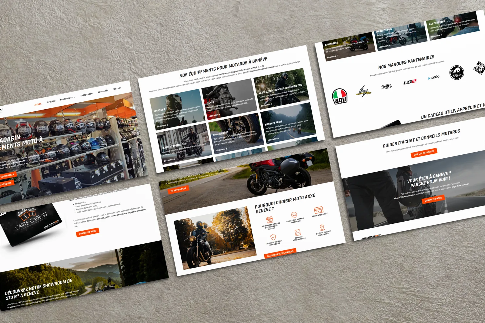 Aperçu des sections du site magasin d'équipement moto