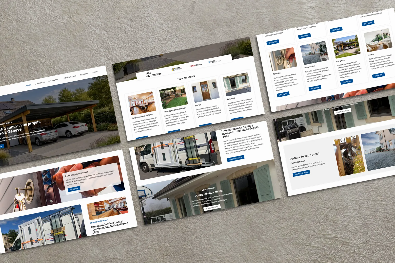 Aperçu des sections du site menuiserie sur mesure