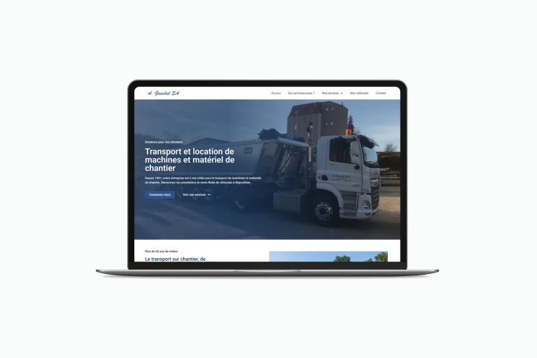 Site internet transport de matériel de chantier présenté sur un ordinateur portable